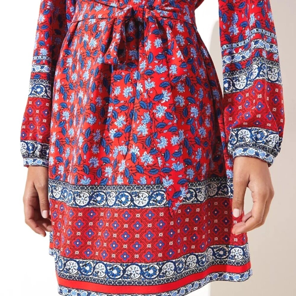 Loft Women Orange Blue Floral Boho Long Puff Sleeve Tie Waist Dress Small Petite - Picture 10 of 11